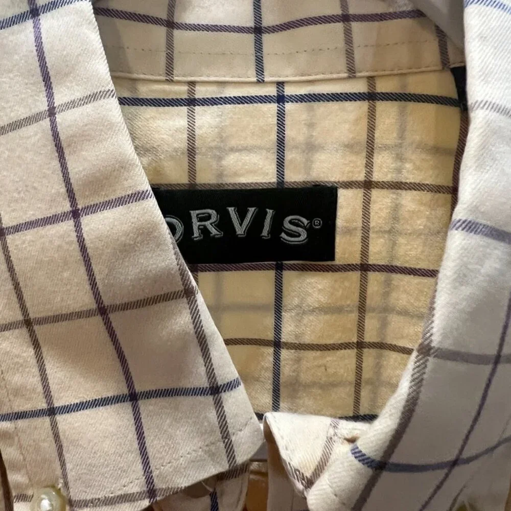 Orvis Pale Yellow Tan Blue Buttoned Down Shirt size M - Picture 2 of 7